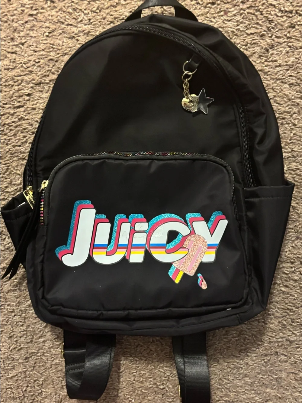 Juicy Couture Kids Black Mini Backpack with Rainbow Zipper/Logo Like New